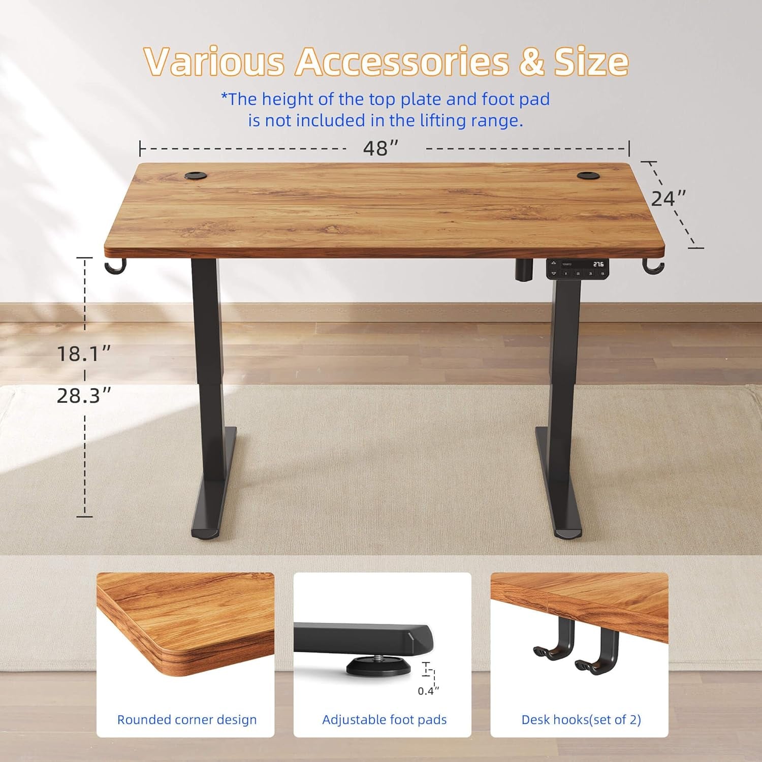 Low Height Adjustable Desk, Lifts 18.1-28.3 Inches, Electric Standing Desk for Short People, 48 X 24 Inches Computer Table with Splice Board for Home Office, Rustic Brown