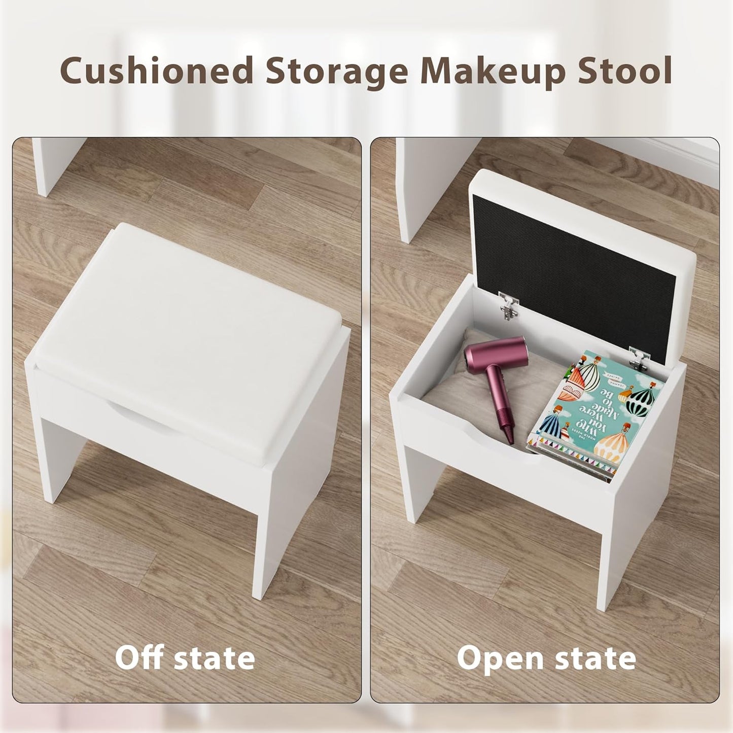 Vanity Desk Set with Large Lighted Mirror, 35.4 Inch Makeup Vanity Table with 2 Drawers, Cushioned Storage Stool, 3 Lighting Modes Brightness Adjustable, Dressing Table for Bedroom (White)