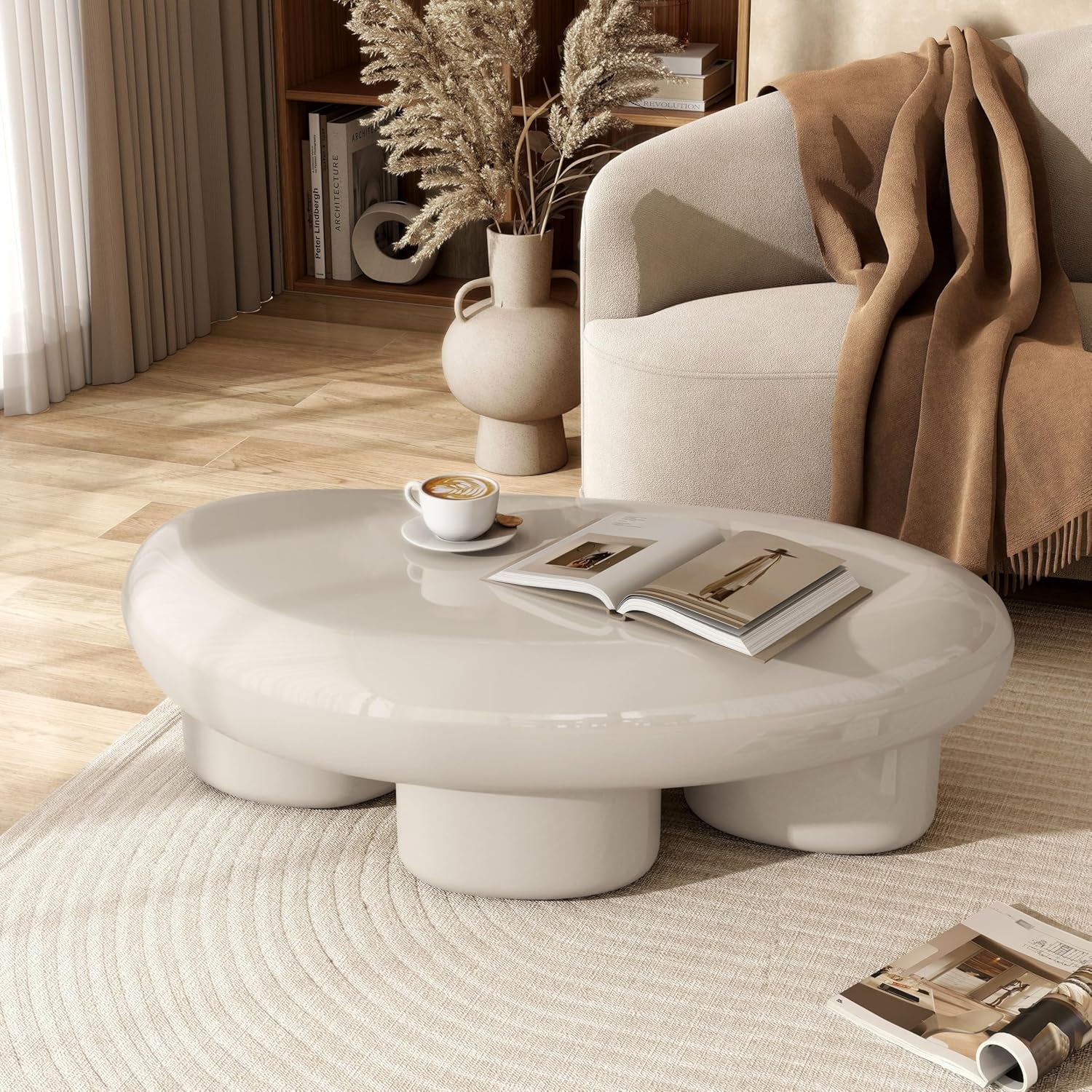 Kavren Modern 37-Inch Oval Glossy Low Profile Coffee Table, Stone Shape Living Room Furniture for Small Space, Ivory