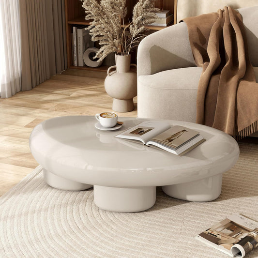 Kavren Modern 37-Inch Oval Glossy Low Profile Coffee Table, Stone Shape Living Room Furniture for Small Space, Ivory