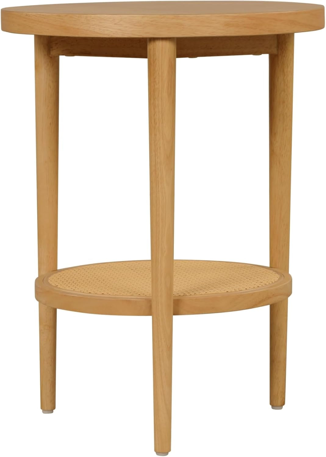 Sonia Boho round Accent End Table, Natural Sofa Side Table in Light Wood with Rattan Storage Shelf for Living Room, Bedroom or Nursery, Light Brown