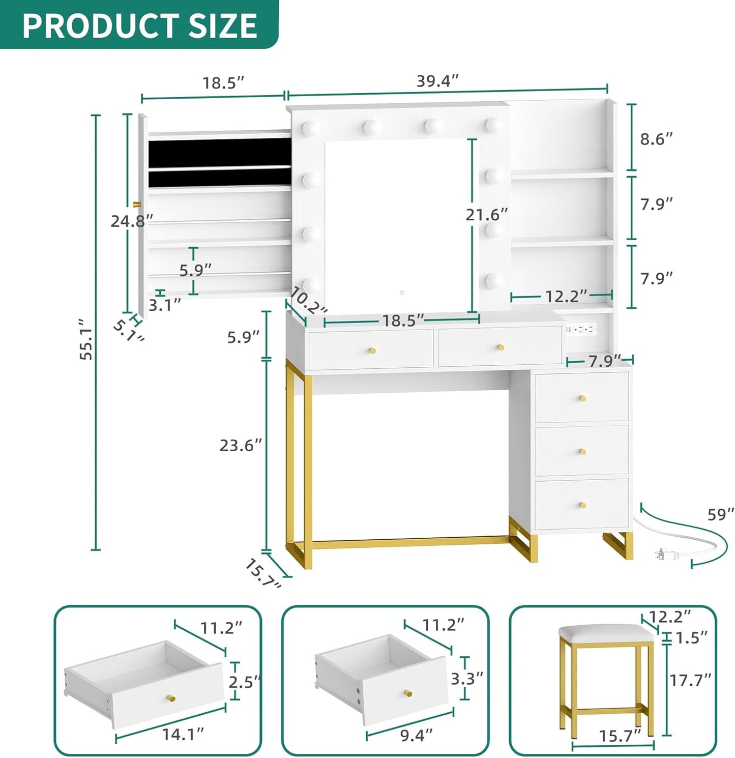 Makeup Vanity Desk with Mirror, LED Light and Power Outlet, Vanity Set with Hidden Jewelry Storage, 5 Drawers and Lots Shelves, Adjustable 3 Lighting Colors, Dressing Table with Stool, White