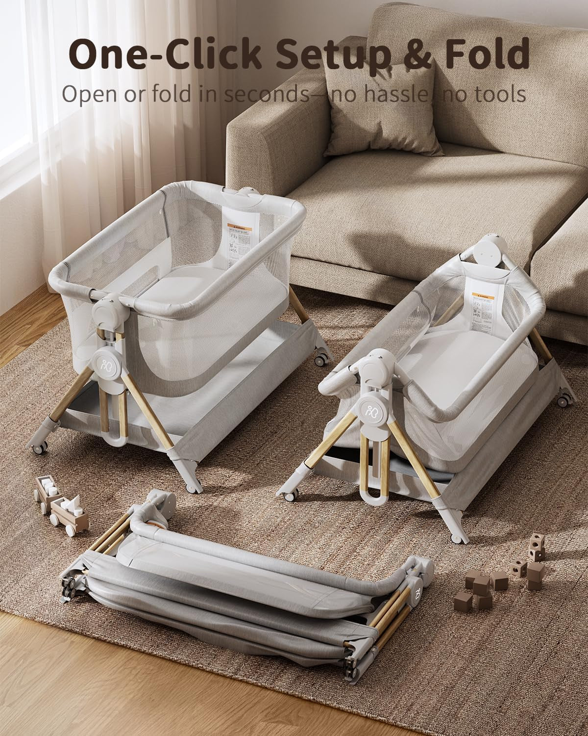 Baby Bassinet, 3-In-1 Bedside Bassinet for Baby, One-Touch Foldable Baby Crib for Newborn with Full-Mesh Sides & Adjustable Height, Mattress & Storage Bag