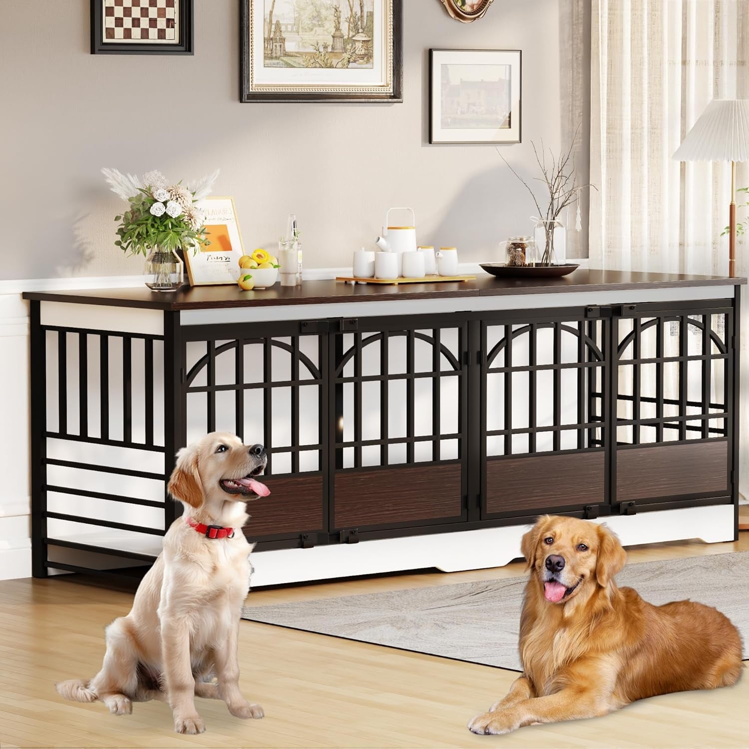 86 Inch Double Dog Crate Furniture for 2 Large Dogs, Decorative Dog Kennel Indoor TV Stand, Heavy Duty Wooden Dog Cage for Large Medium Dogs Sized Dog Pet House with Divider (White)