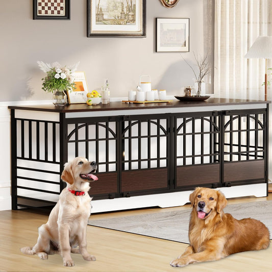 86 Inch Double Dog Crate Furniture for 2 Large Dogs, Decorative Dog Kennel Indoor TV Stand, Heavy Duty Wooden Dog Cage for Large Medium Dogs Sized Dog Pet House with Divider (White)