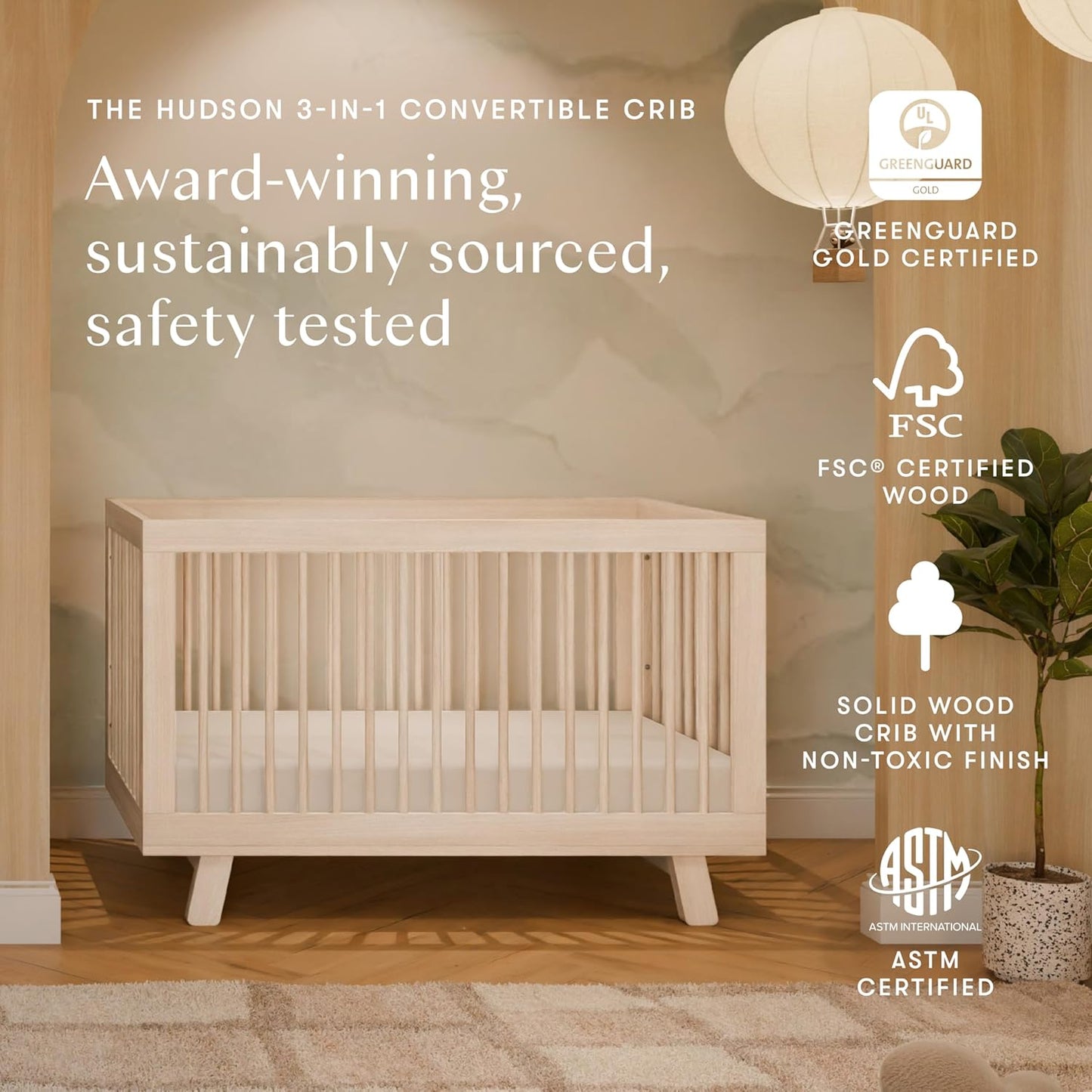 Hudson 3-In-1 Convertible Baby Crib - GREENGUARD Gold Certified - Convertible Crib to Toddler Bed and Daybed - Baby Bed with 4 Adjustable Heights - Wooden Crib - Washed Natural