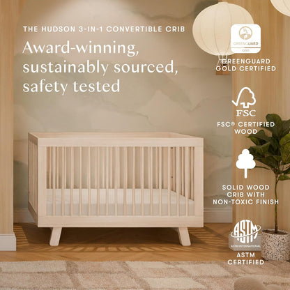 Hudson 3-In-1 Convertible Baby Crib - GREENGUARD Gold Certified - Convertible Crib to Toddler Bed and Daybed - Baby Bed with 4 Adjustable Heights - Wooden Crib - Washed Natural