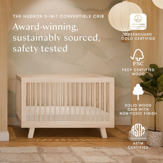 Hudson 3-In-1 Convertible Baby Crib - GREENGUARD Gold Certified - Convertible Crib to Toddler Bed and Daybed - Baby Bed with 4 Adjustable Heights - Wooden Crib - Washed Natural