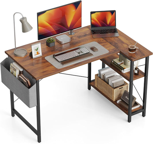 L Shaped Desk, 47 Inch Computer Desk with Reversible Storage Shelves Home Office Corner Desk Study Writing Table, Deep Brown