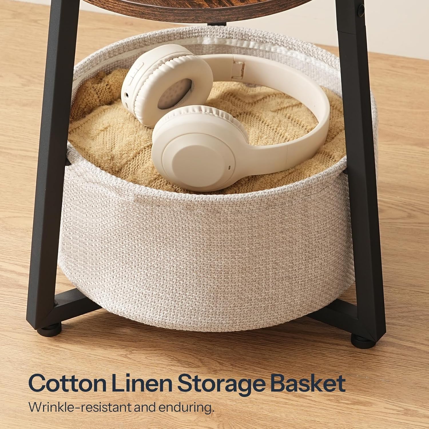 Small round Side Table with Charging Station, round End Accent Table with Storage Basket, Compact Sofa Bedside Table for Small Space in Living Room, Bedroom, Rustic Brown BF169UBZ01