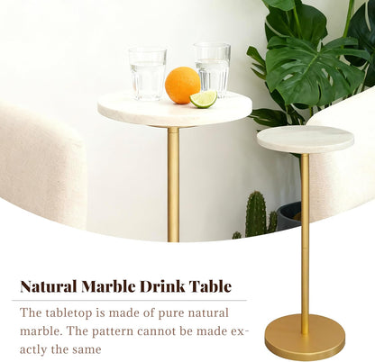 Nature Marble Drink Table, Pedestal Table, Small round Side Table, Martini Table for Living Room, Bathroom, Small Space, White