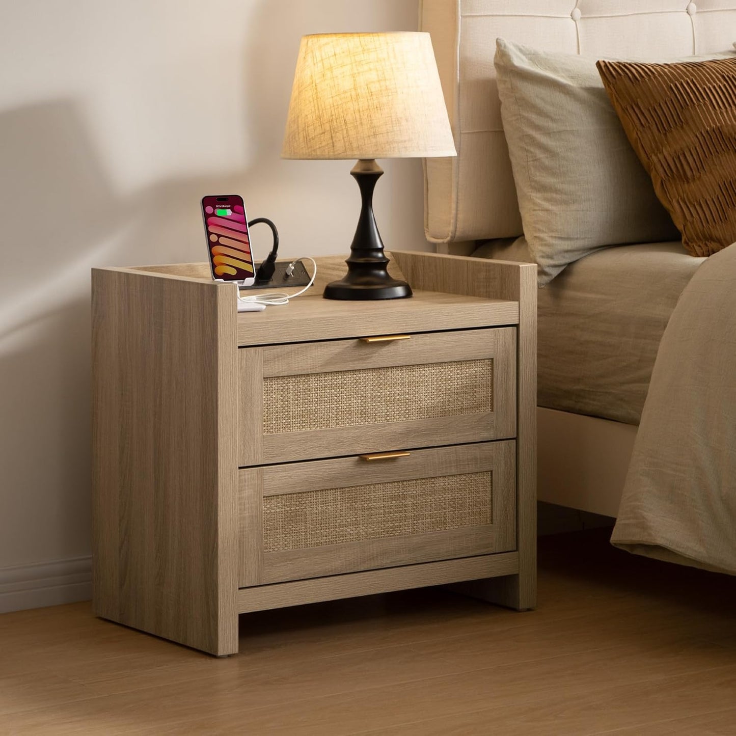 Rattan Nightstands Set of 2 Bedside Table - Bedroom Night Stand with Type-C Charging Station, 2 Drawers Storage - Boho Night Stands End Table for Bedroom Office - Light Oak