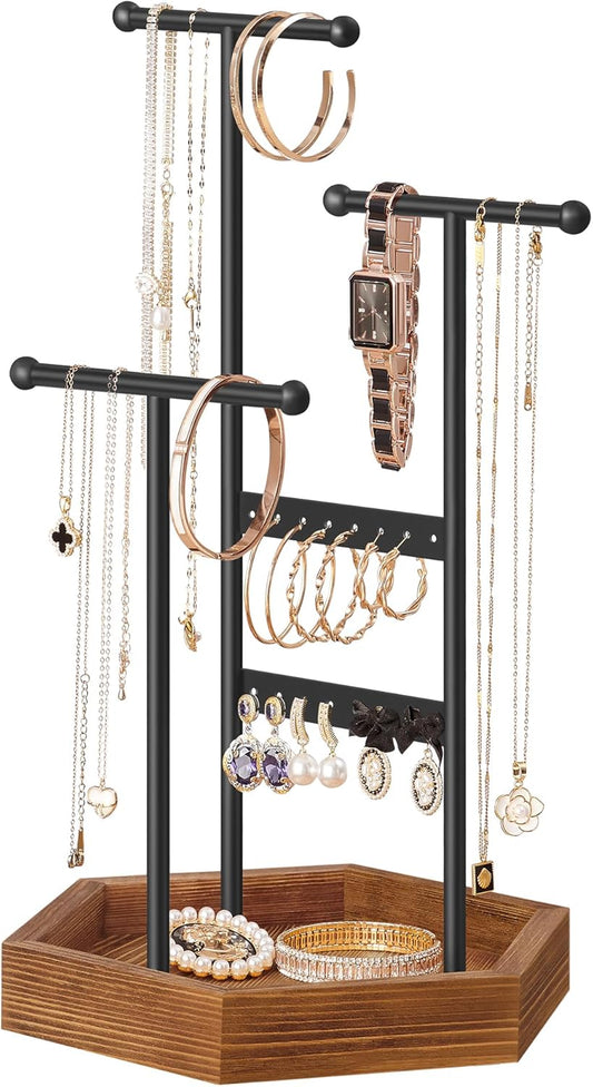 Jewelry Holder, Jewelry Organizer, 3 Tiers and 1 Tray, Jewelry Display Stand with Metal Frame, Necklace Earring Bracelet Holder, for Rings, Ink Black and Caramel Brown UJJS03CB