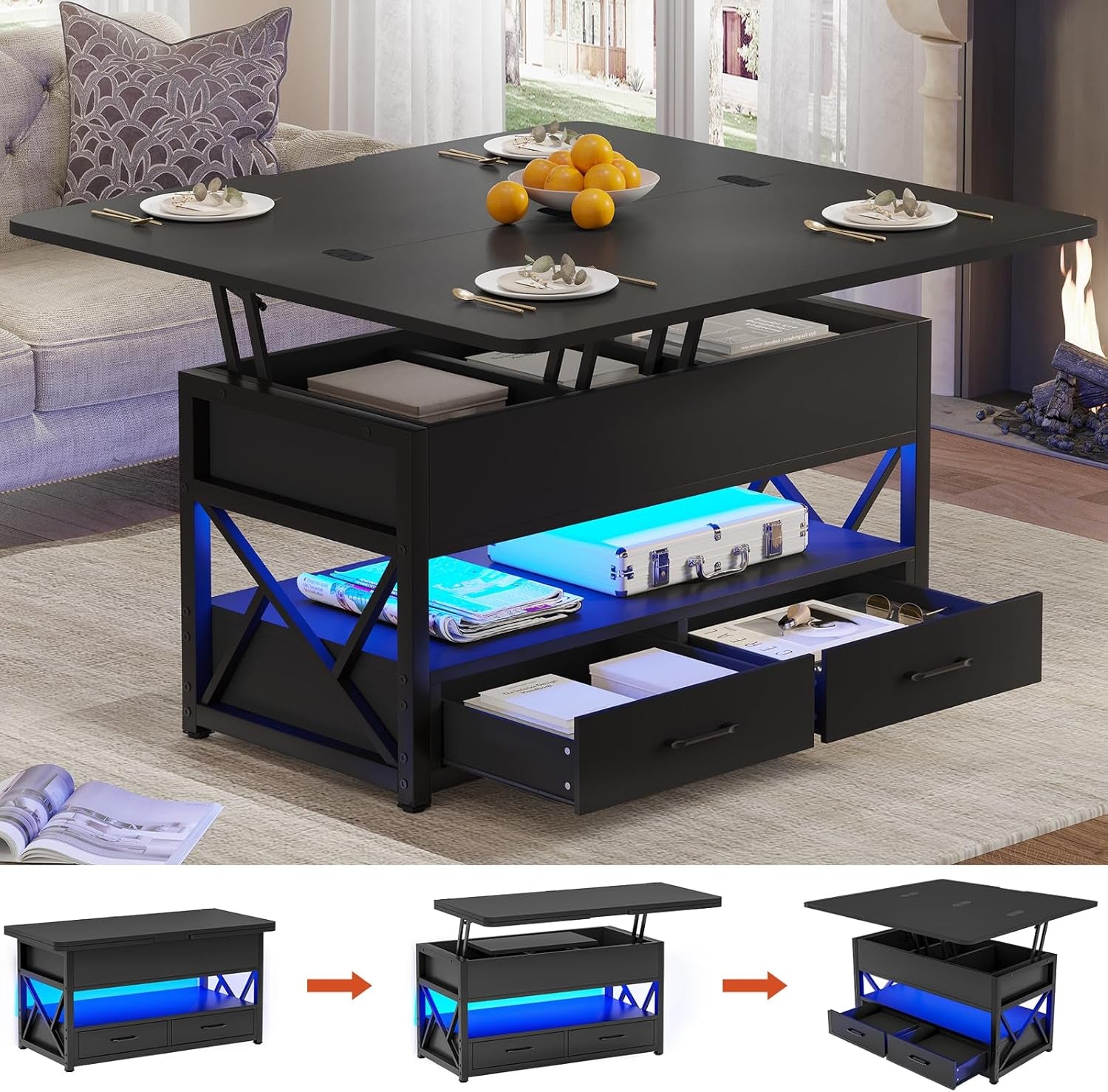 40" Lift Top Coffee Table, 4 in 1 Coffee Tables with Storage for Living Room, Small Farmhouse Coffee Table with 2 Drawers & LED Light for Dining Reception Room, Black