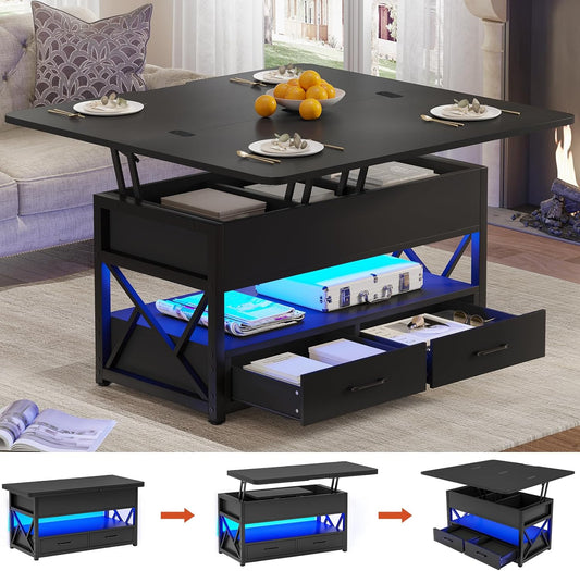 40" Lift Top Coffee Table, 4 in 1 Coffee Tables with Storage for Living Room, Small Farmhouse Coffee Table with 2 Drawers & LED Light for Dining Reception Room, Black