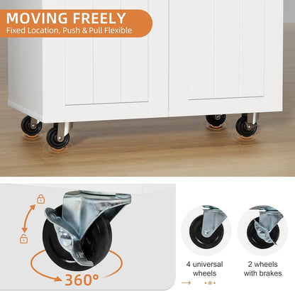 Kitchen Island Cart with Storage, Portable Bar Cabinet on Wheels, Rolling Microwave Cart Side Table with Workstation for Kitchen, Dinning Room, White