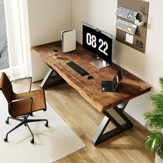 55Inch Solid Wood Desk Wide Home Office Desk,Metal Modern Industrial Writing Table, Workstation, Perfect Table for Your Workspace Study Table Furniture in Rustic Natural Aged Brown