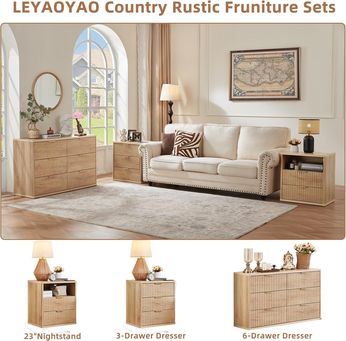 23" Wide Fluted Farmhouse Night Stand Set of 2 with Charging Station, 3 Drawers Large End Table W/Metal Handle, Natural Nightstand Bedside Table,Wood Dresser for Bedroom, Closet