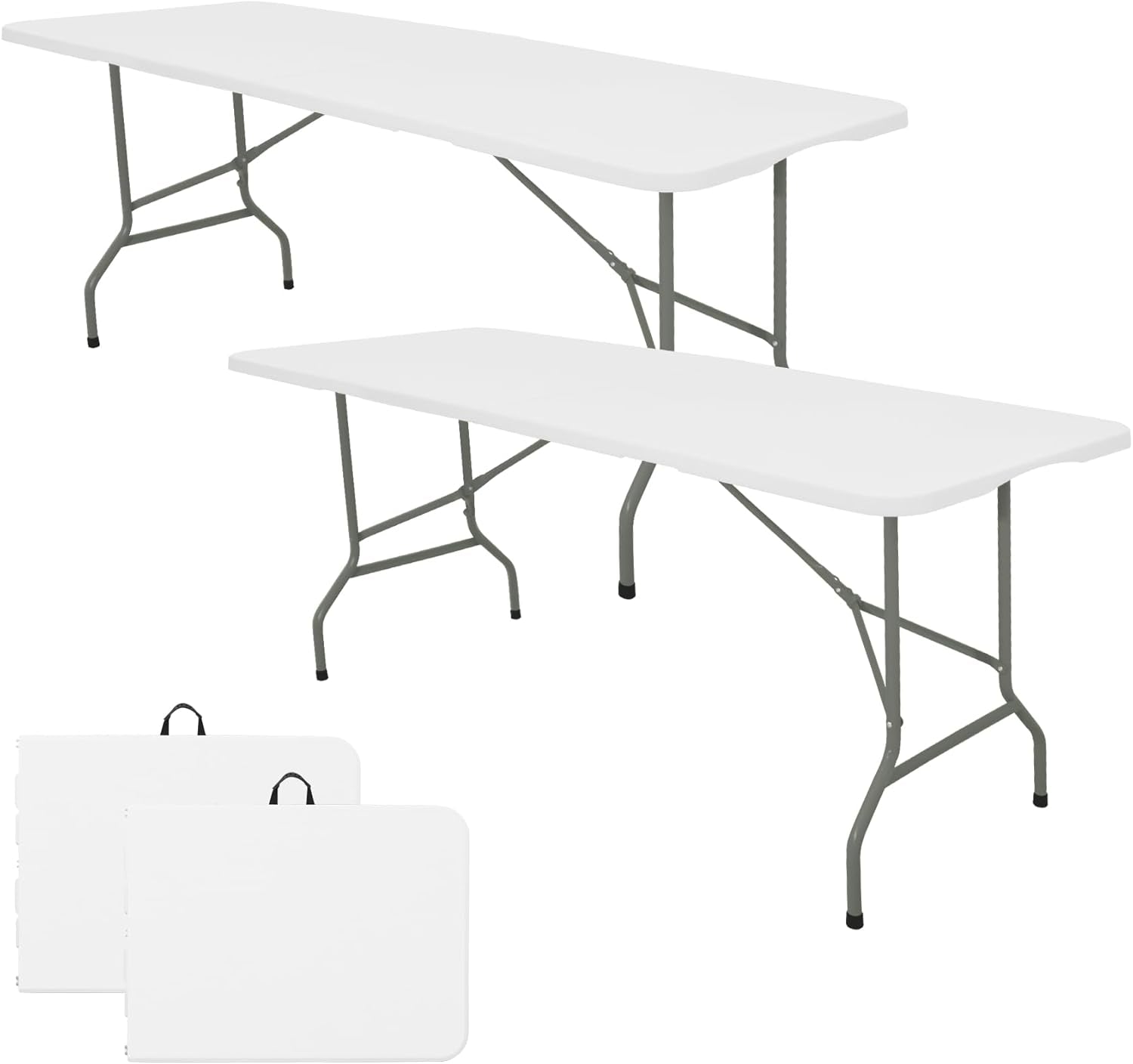 Set of 2 Folding Table 6 FT Lightweight Camping Table Portable Plastic Rectangular Outdoor Dining Table Steel Legs Fold-In-Half with Carrying Handle for Indoor,Picnic,Party,Wedding,Events(White)