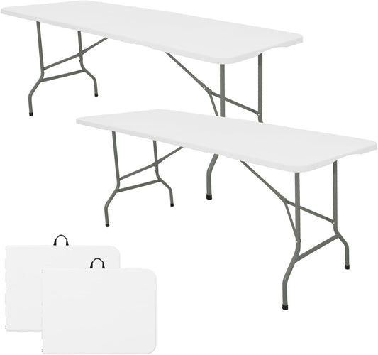 Set of 2 Folding Table 6 FT Lightweight Camping Table Portable Plastic Rectangular Outdoor Dining Table Steel Legs Fold-In-Half with Carrying Handle for Indoor,Picnic,Party,Wedding,Events(White)
