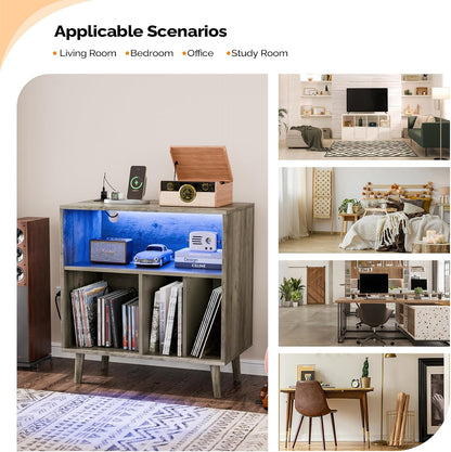 Record Player Stand with Open Vinyl Storage, Mid-Century Album Storage Table with LED Light up to 300 Albums, Vinyl Record Player Shelf with Power Outlet for Living Room, Grey Oak