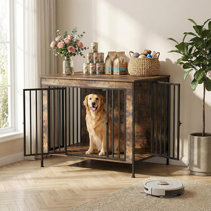 Dog Crate Furniture Heavy Duty for Large Dog, Sturdy Indoor Kennel Table with Dual Doors, Elevated Robot Vacuum Friendly Base, Decorative Cage TV Stand & End Table, Rustic Brown