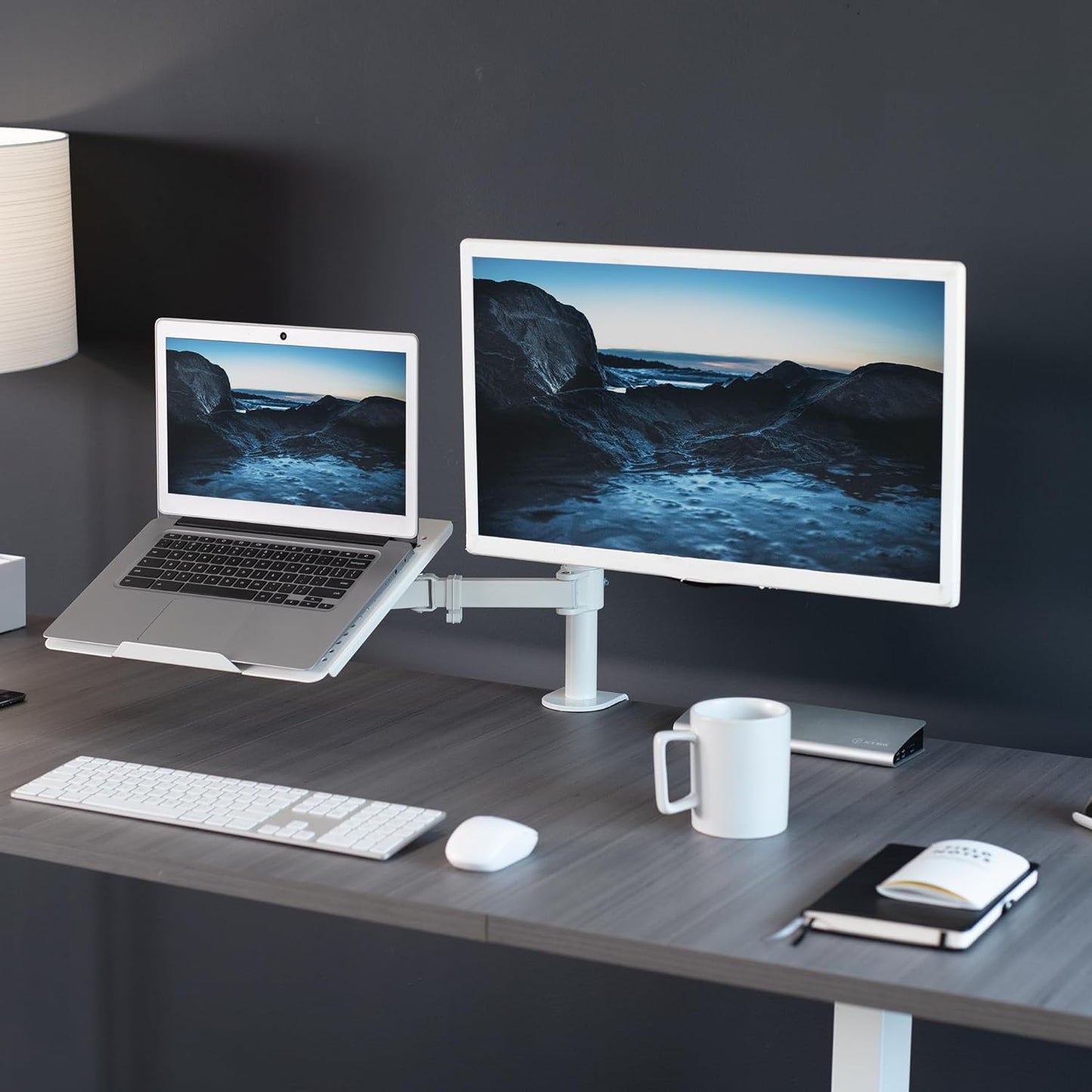 Fully Adjustable 13 to 32 Inch Single Computer Monitor and Laptop Desk Mount Combo, Stand with Grommet Option, Fits up to 17 Inch Laptops, White STAND-V002CW