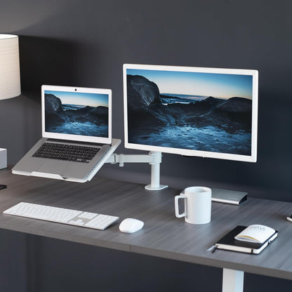 Fully Adjustable 13 to 32 Inch Single Computer Monitor and Laptop Desk Mount Combo, Stand with Grommet Option, Fits up to 17 Inch Laptops, White STAND-V002CW