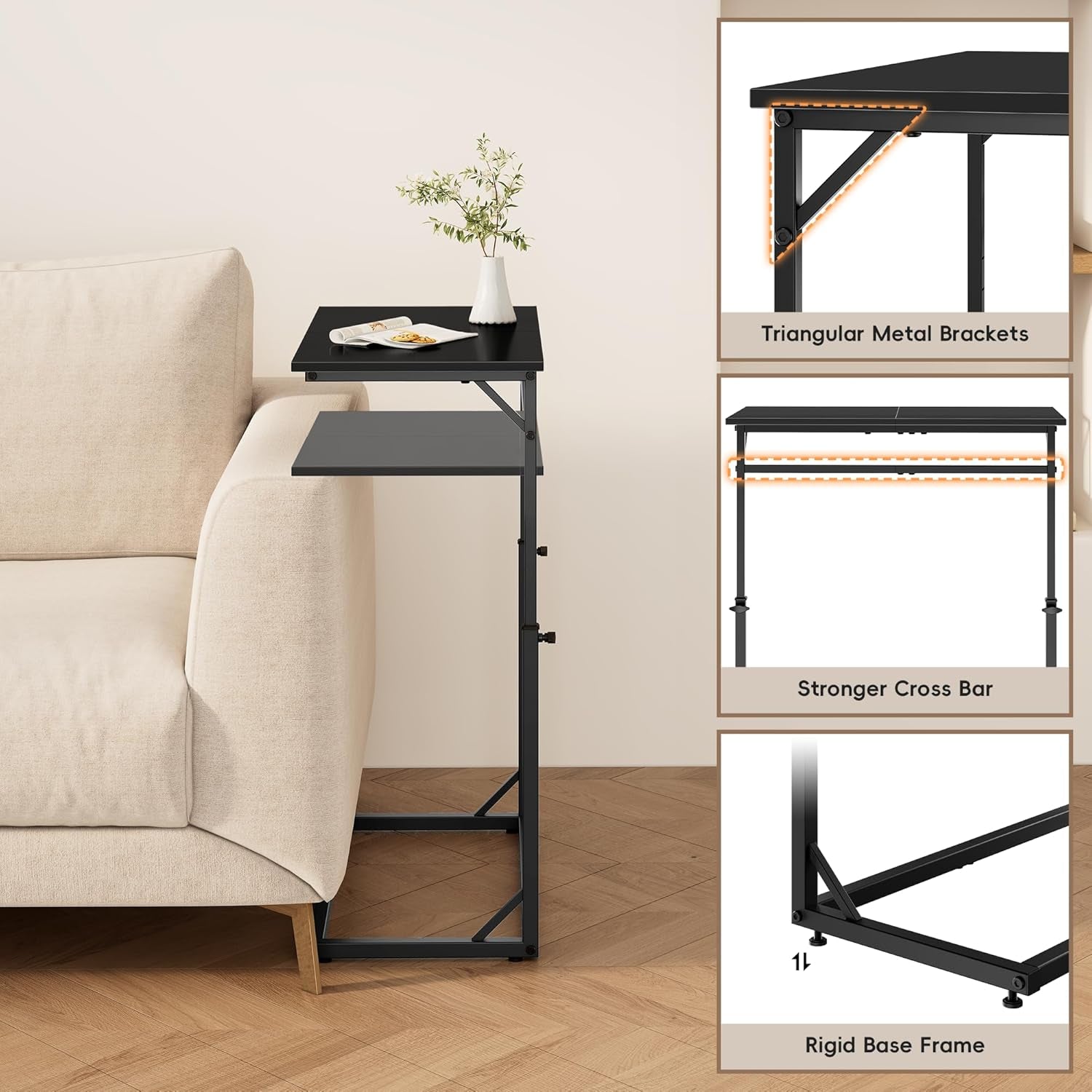 C Shaped End Table, 33"Tall Side Table for Couch, C-Table Sofa Table Adjustable Height Side Table, Large Surface Slide under Couch Table, Coffee Table TV Tray for Living Room, Bedroom, Black