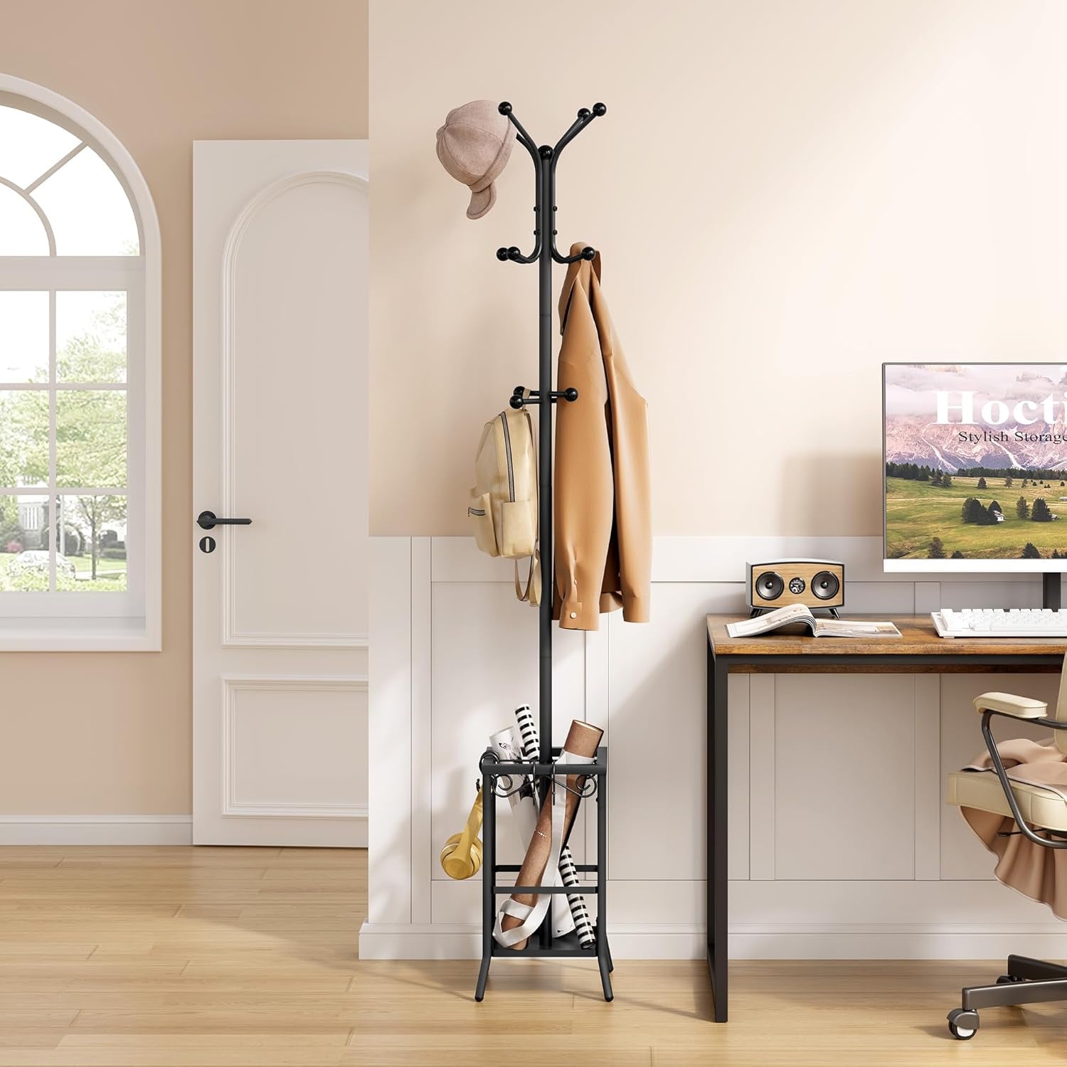 Coat Rack Freestanding, Coat Tree with Umbrella Holder, Metal Coat Rack Stand with 12 Hooks, Standing Coat Hanger Stand, Umbrella Stand for Entryway, Hat Rack Stand for Home Office, Black