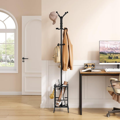 Coat Rack Freestanding, Coat Tree with Umbrella Holder, Metal Coat Rack Stand with 12 Hooks, Standing Coat Hanger Stand, Umbrella Stand for Entryway, Hat Rack Stand for Home Office, Black