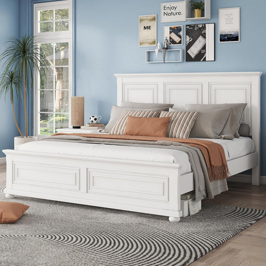 King Size Bed Frame Farmhouse Style, Tall Headboard King Bed Frame with Footboard, Pinewood Antique Beds, Farmhouse Style, Noise-Free, No Box Spring Needed, White