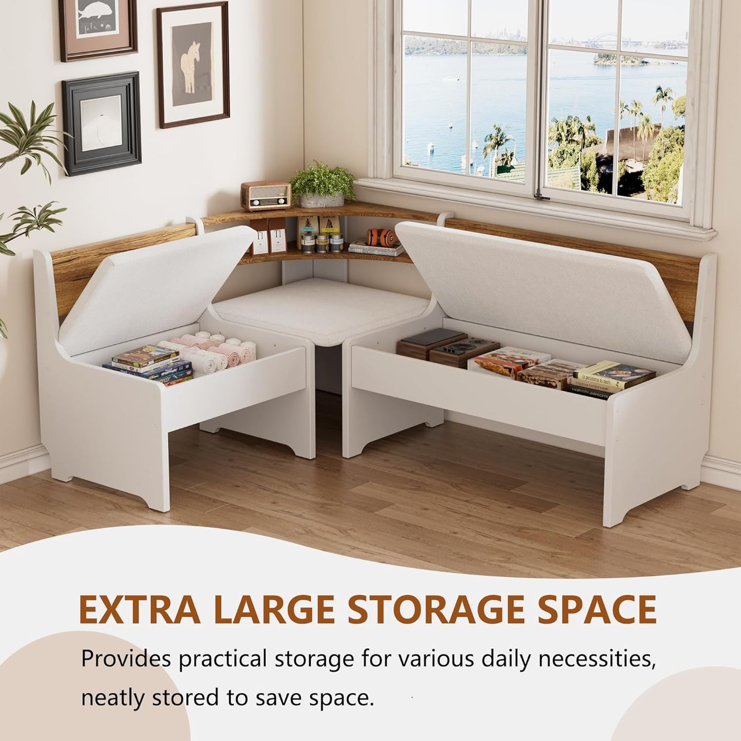 Corner Breakfast Nook Table Set with Cushion, L-Shape Kitchen Dining Table with Bench, Farmhouse Wood Breakfast Nook Bench with Hidden Storage,White & Brown