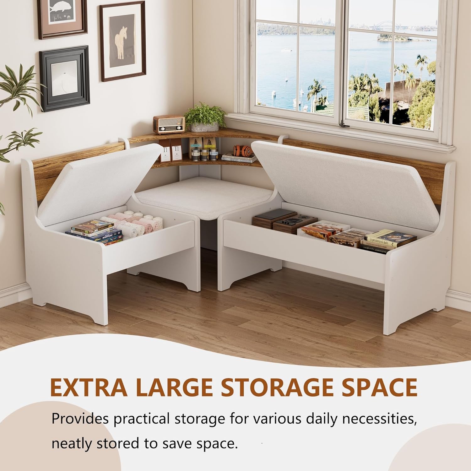 Corner Breakfast Nook Table Set with Cushion, L-Shape Kitchen Dining Table with Bench, Farmhouse Wood Breakfast Nook Bench with Hidden Storage,White & Brown