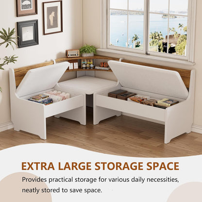 Corner Breakfast Nook Table Set with Cushion, L-Shape Kitchen Dining Table with Bench, Farmhouse Wood Breakfast Nook Bench with Hidden Storage,White & Brown