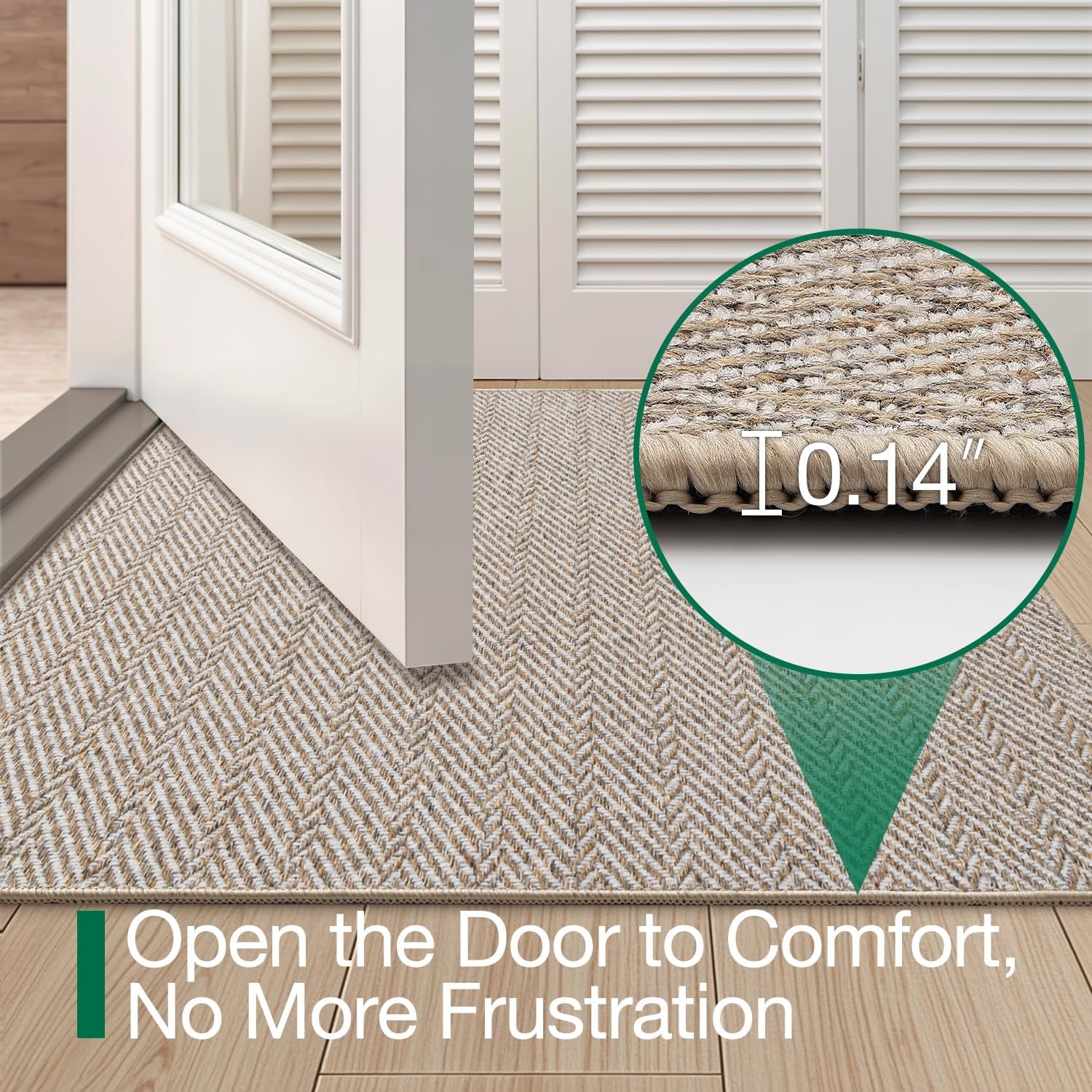 Ultra Thin Indoor Door Mat for Entrance 24"X36", Non Slip Entryway Mat, Low Profile Doormat, Unique Herringbone Design Carpet for Inside, Patio, Porch, Beige
