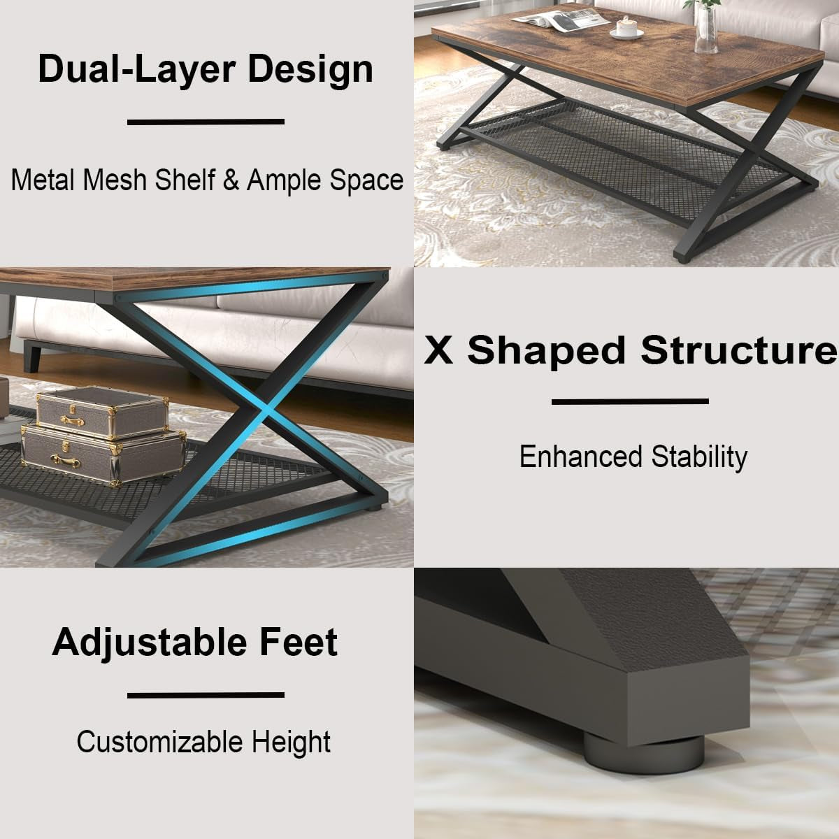 Rustic Coffee Table with Storage, Industrial Wood Metal 2 Tier Center Living Room Table with Mesh Shelf, Farmhouse Wooden Low Rectangle Cocktail Tea Table for Office Bedroom, 47 Inch, Rustic Brown