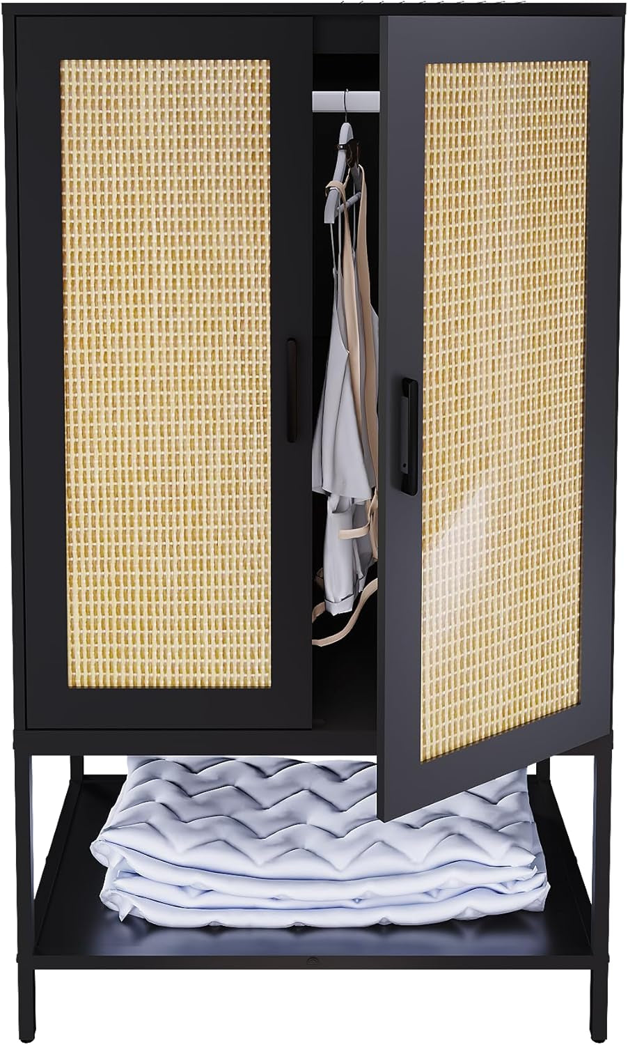 Wardrobe Closet,Rattan Bedroom Armoires with 2 Doors,Wooden Wardrobe Cabinet with Shelves and Hanging Rod for Clothes,Black