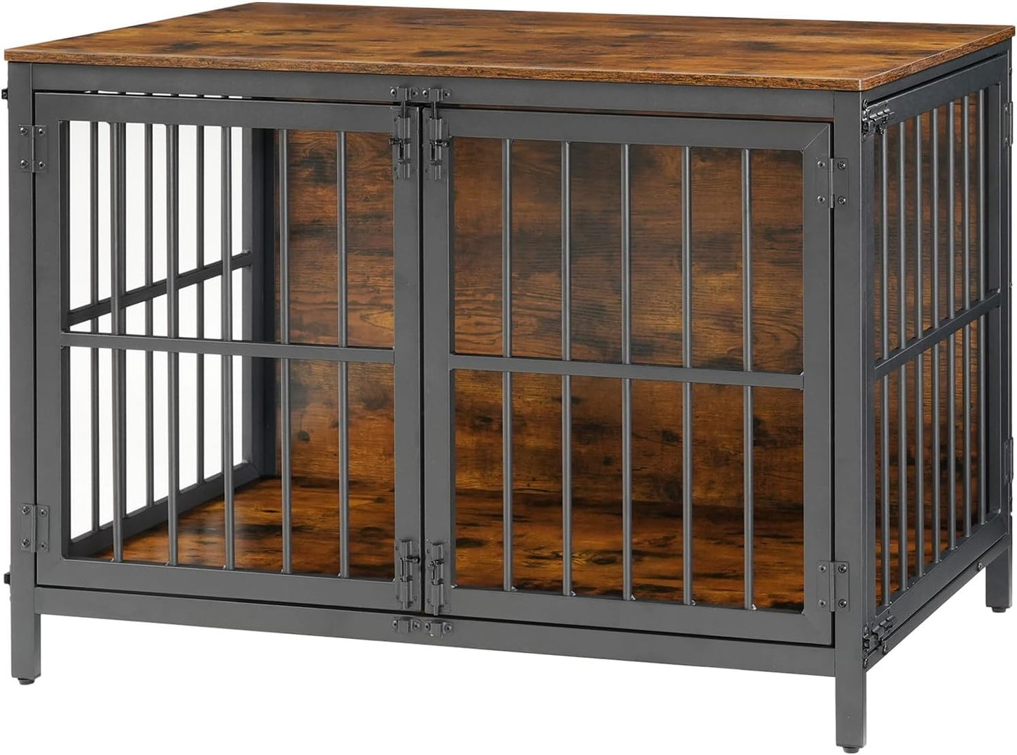 Heavy Duty Dog Crate Furniture, 39.4" Wooden Indoor Kennel with 3 Doors, Chew Resistant Metal Cage for Medium and Large Breeds, Dog Crate Side Table, Black and Rustic Brown BF101GW03