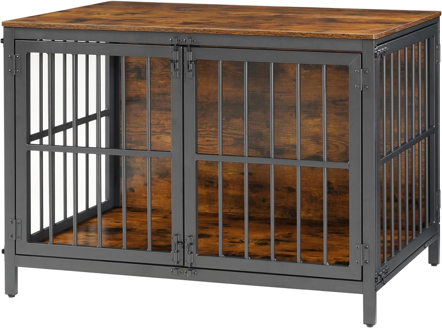Heavy Duty Dog Crate Furniture, 39.4" Wooden Indoor Kennel with 3 Doors, Chew Resistant Metal Cage for Medium and Large Breeds, Dog Crate Side Table, Black and Rustic Brown BF101GW03