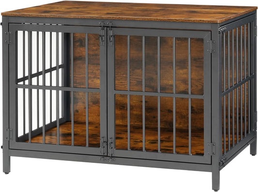 Heavy Duty Dog Crate Furniture, 39.4" Wooden Indoor Kennel with 3 Doors, Chew Resistant Metal Cage for Medium and Large Breeds, Dog Crate Side Table, Black and Rustic Brown BF101GW03