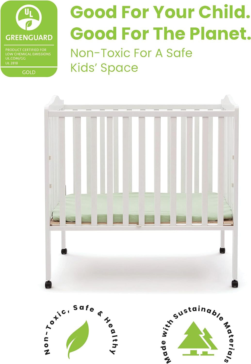 Folding Portable Mini Baby Crib with 1.5-Inch Mattress - Greenguard Gold Certified, White