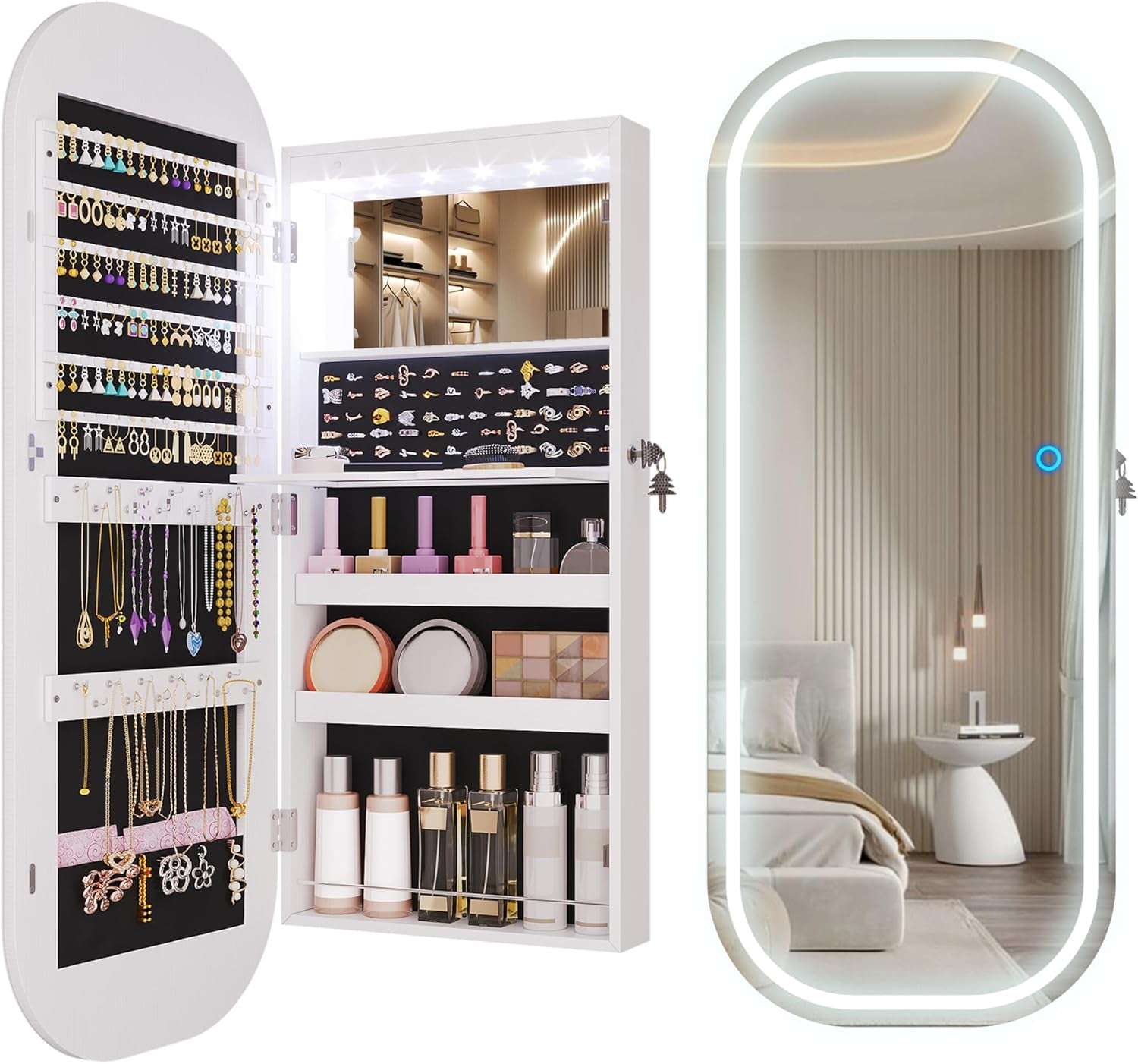 LED Lights Mirror Jewelry Cabinet, Wall Mount/Over the Door Jewelry Armoire Organizer, 42" Full Length Mirror with Storage, Built-In Makeup Mirror, Lockable Mirror Cabinet for Jewelry, White