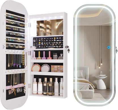 LED Lights Mirror Jewelry Cabinet, Wall Mount/Over the Door Jewelry Armoire Organizer, 42" Full Length Mirror with Storage, Built-In Makeup Mirror, Lockable Mirror Cabinet for Jewelry, White