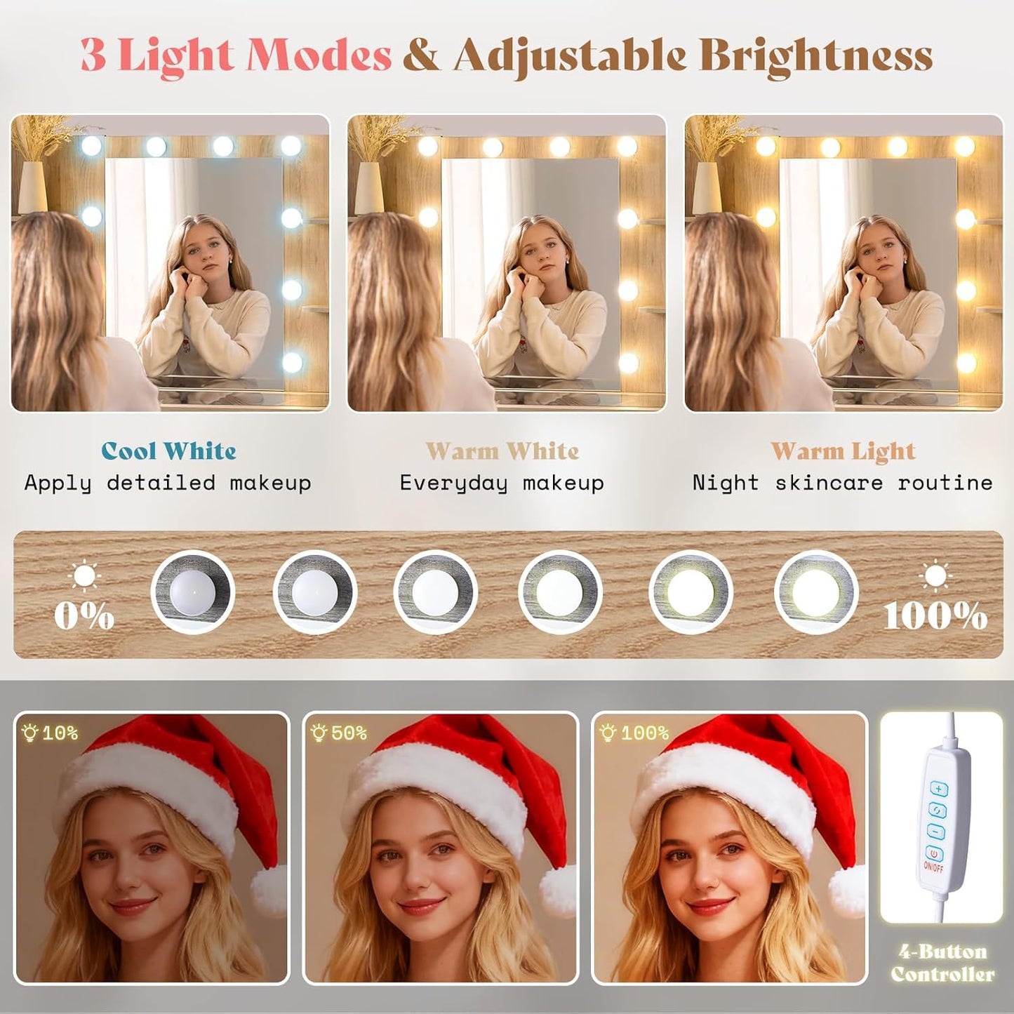 47.2" Fluted Vanity Desk with Mirror and Adjustable LED Lights, Large 7 Drawers Makeup Table with Glass Top and Charging Station for Women and Girls, Bedroom or Dorm, Natural Oak