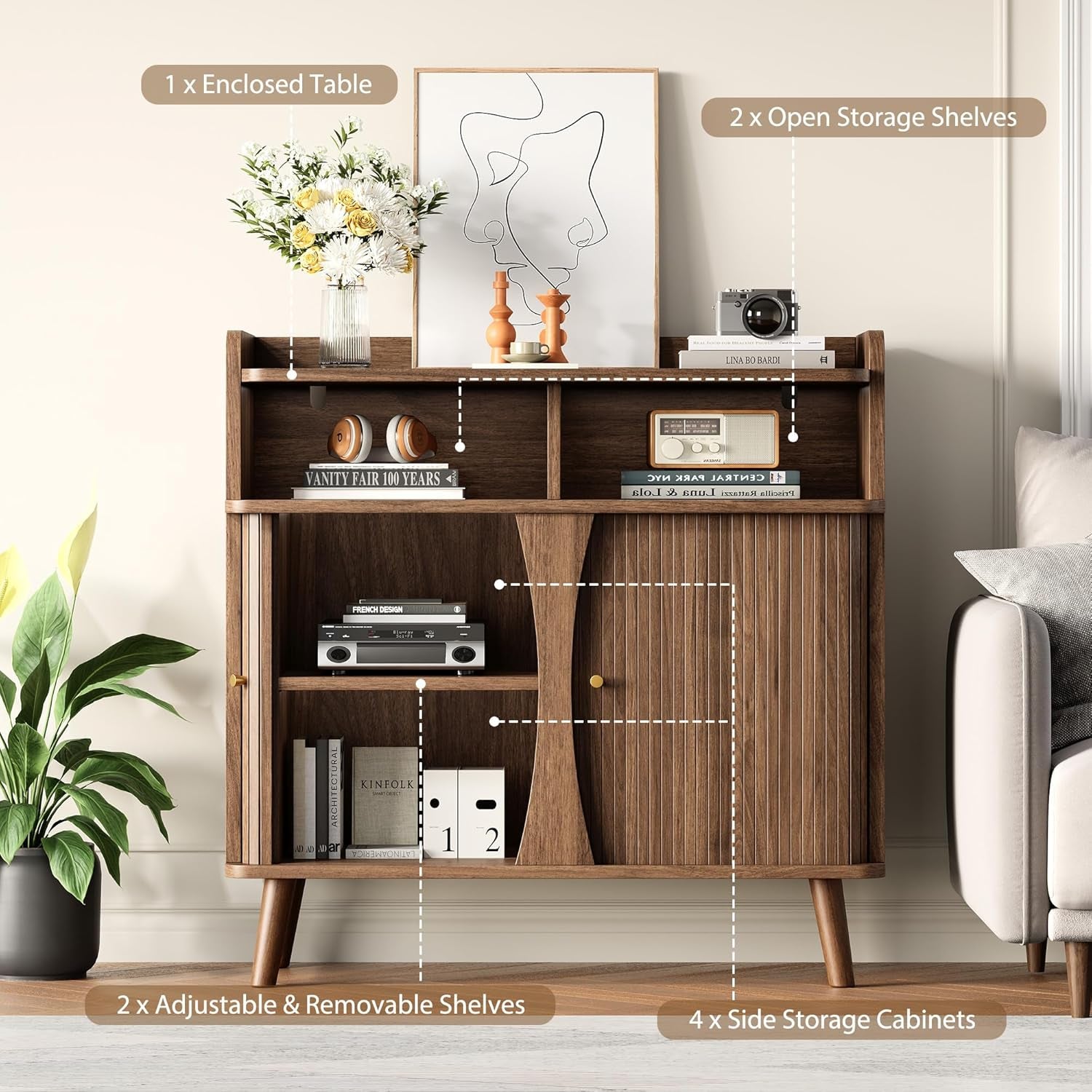39" Buffet Sideboard Cabinet, Mid Century Modern Console Cabinet with Roller Shutter Sliding Doors & Adjustable Shelves for Kitchen Cabinets, Living Room, Entryway, Coffee Bar Cabinet (Walnut)