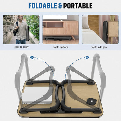 Foldable Laptop Bed Table Multi-Function Lap Serving Tray Dining Table with Storage Drawer and Water Bottle Holder, Slot for Eating, Working on Couch/Sofa (Arc Shape)
