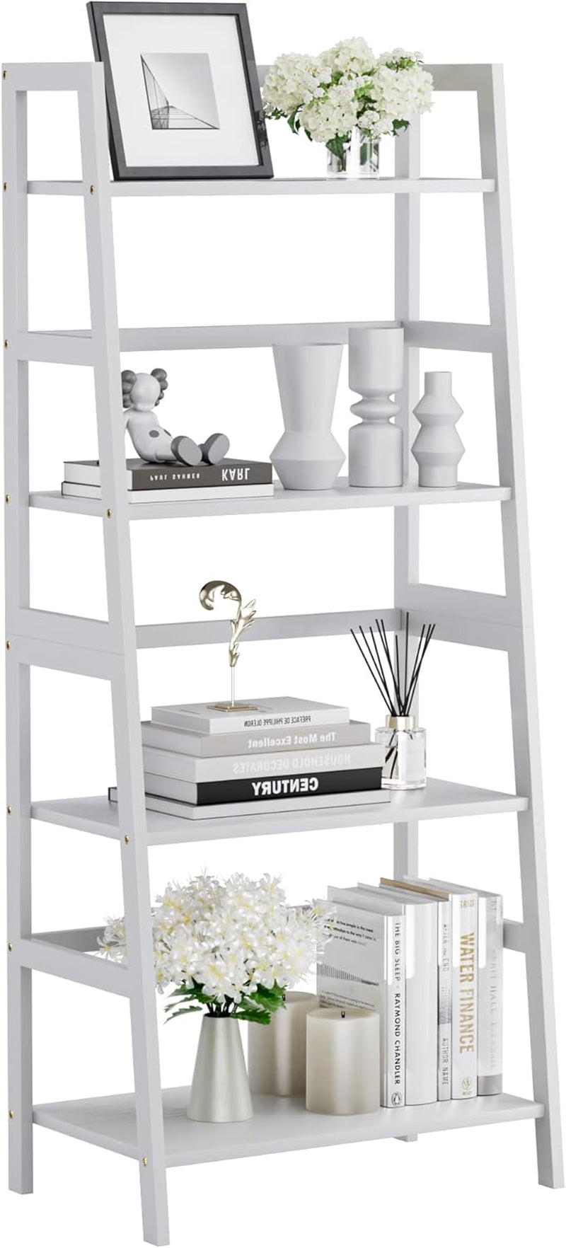 Ladder Shelf, 4 Tier Bookshelf, Floor Standing Bathroom Storage Rack with Bamboo Frame, Home Office Open Display Bookcase, White