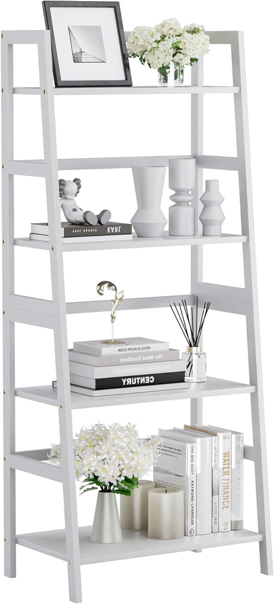Ladder Shelf, 4 Tier Bookshelf, Floor Standing Bathroom Storage Rack with Bamboo Frame, Home Office Open Display Bookcase, White