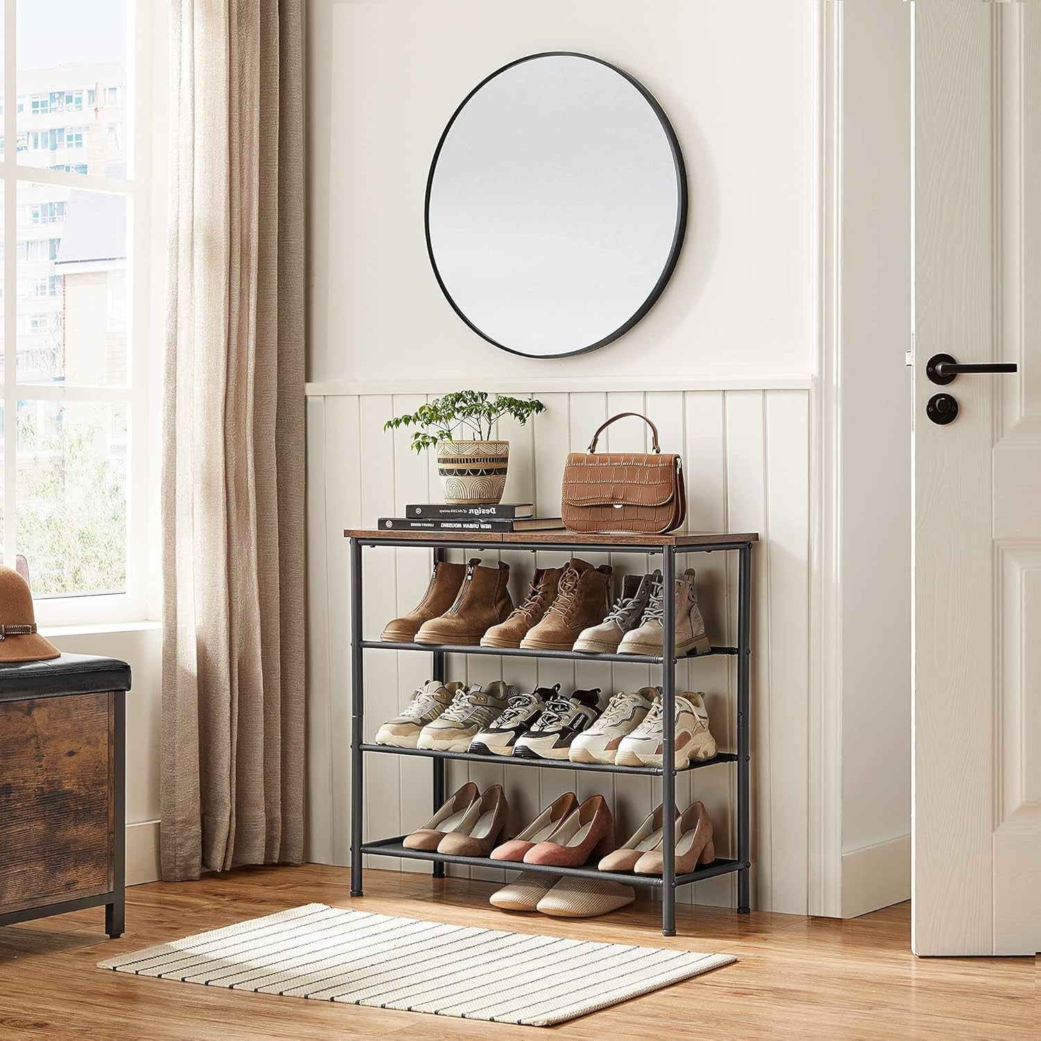Shoe Rack, 4-Tier Shoe Storage Organizer for Entryway and Closet, Holds 9-12 Pairs of Shoes, 3 Fabric Shelves, Steel Frame, Industrial, Rustic Brown and Black ULBS035B01